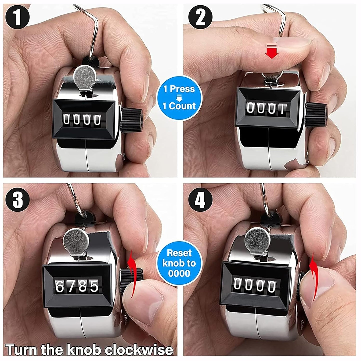 GLUN® Tally Counter, 4-Digit Metal Hand Finger Counter